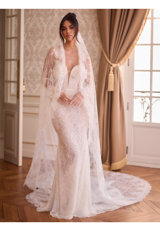 Bianco Evento S547 – Velo de novia marfil en encaje Chantilly, 300 cm ()